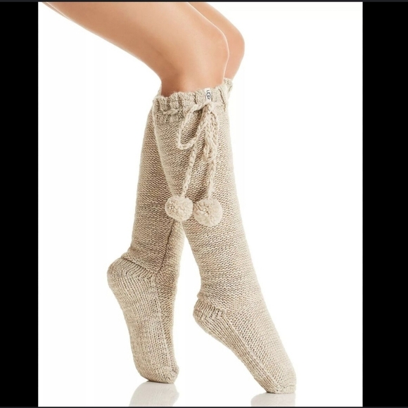 Ugg Thea Pom Pom Cozy Knit Slipper Sock Oatmeal Beige - Picture 1 of 8